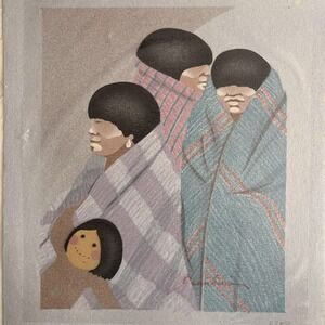 Airbrushed Canvas Art Native Blanket‎ Figures Signed 13x11 80s Style